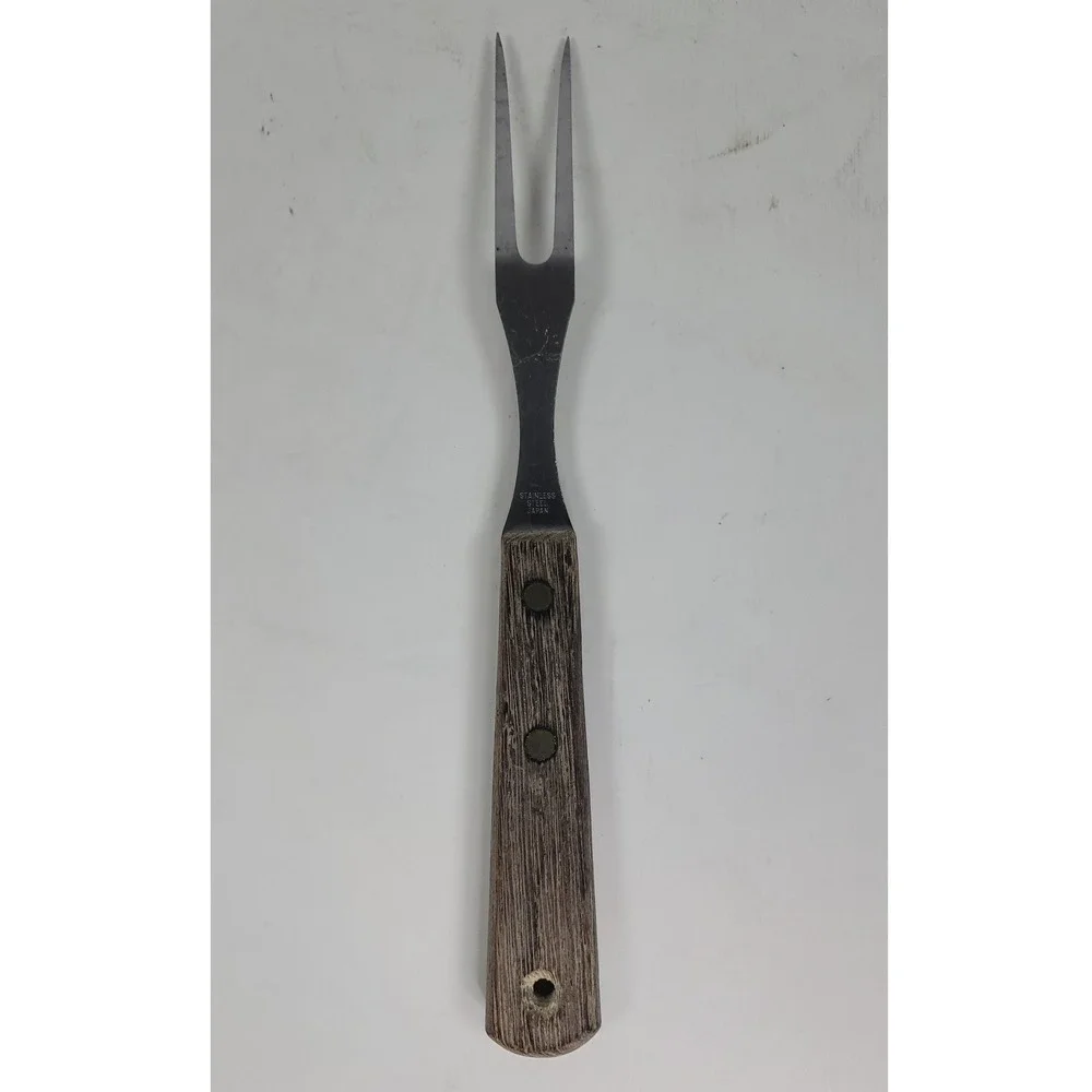 Vintage Stainless Steel Japan Meat Carving Fork Faux Wood Handle 9.5 Inch 2 Tine